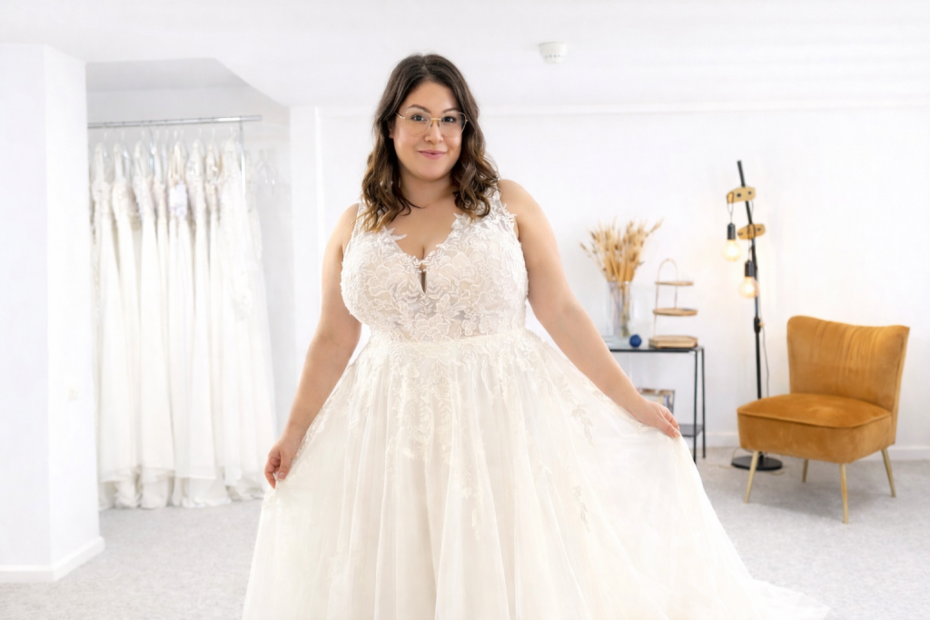 Curvy Braut mit einem Outlet Brautkleid